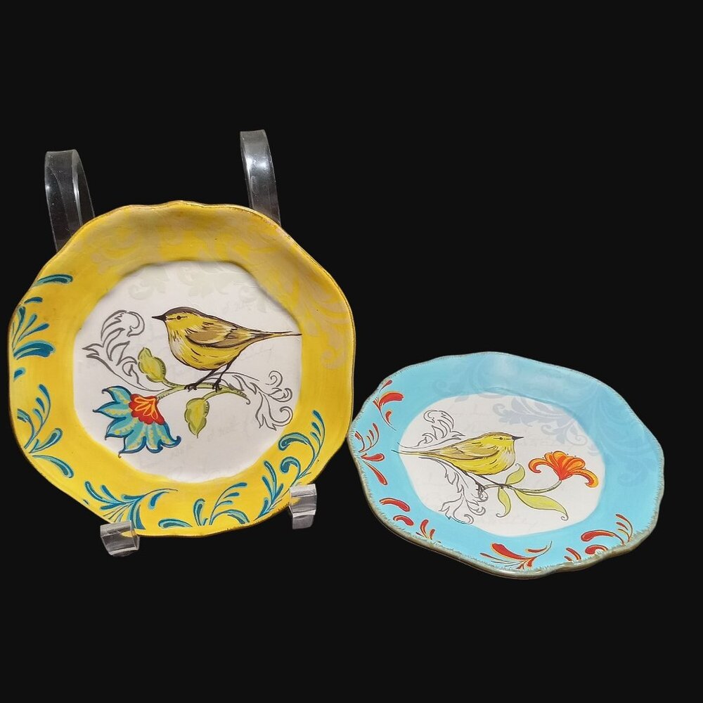 Ashland Michaels Folk Bird Plates Set Of 2 6 In Yellow Blue Shadow Script